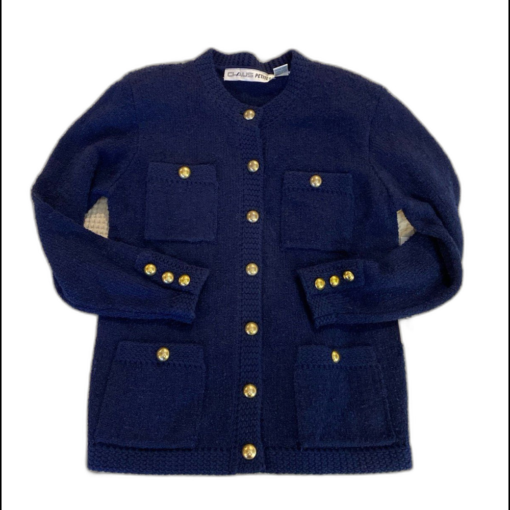 NEW Chaus Petites Cardigan Size ?‎ Medium P Navy Blue Gold Buttons Rough Knit
